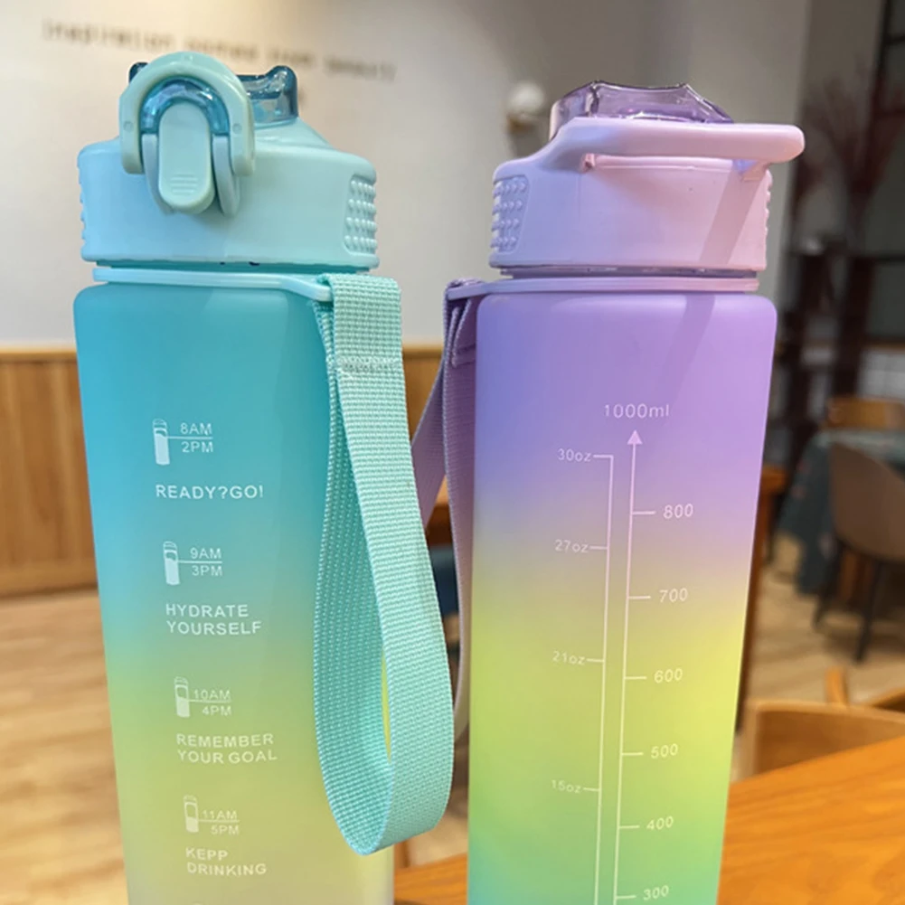 ストロー付きスポーツボトル,1リットル,カップ,マーカー付き,漏れ防止,屋外ジム用,キャンプ用