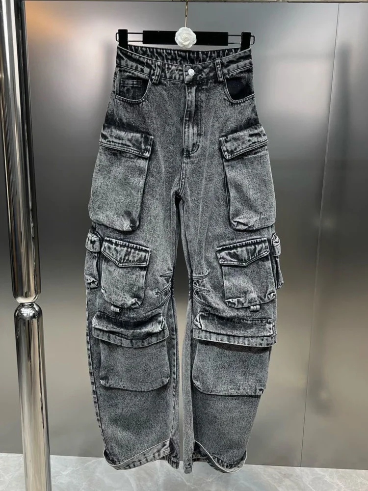 

Fashion Women's Jeans Multiple Pockets Design Loose High Waist Straight Cargo Denim Pants Spring 2023 New Trendy O473