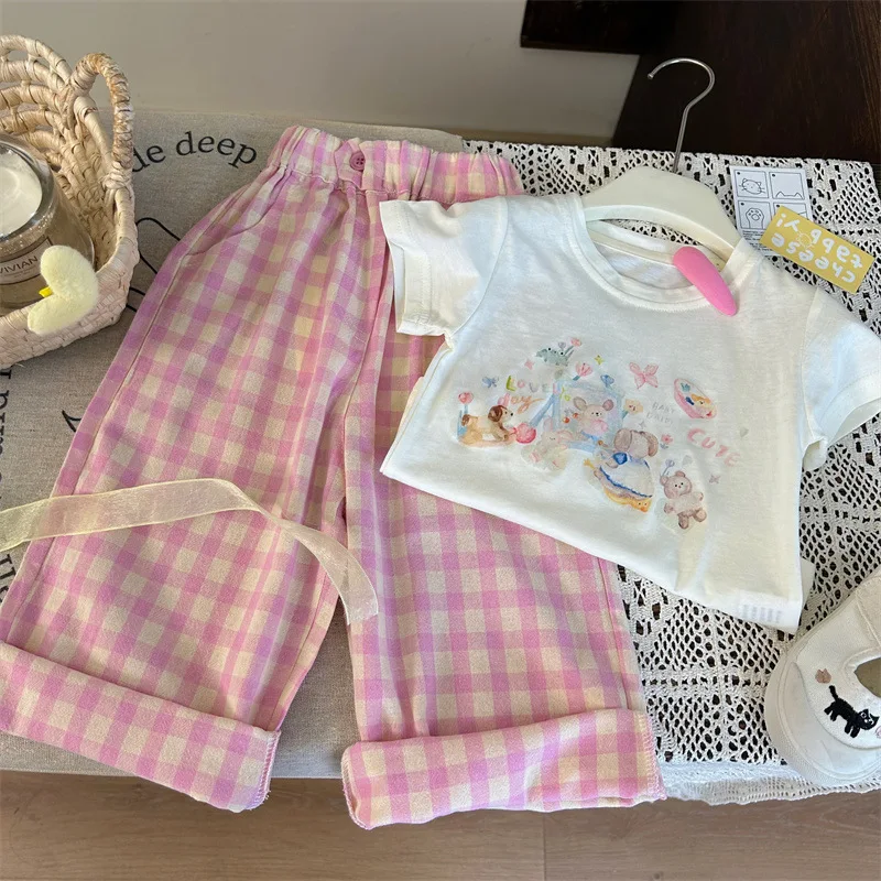 

Children's Clothing2024New Summer Girls' Cartoon Short SleeveTT-shirt Children's Fashionable Plaid Casual Pants Two-Piece Set-WS