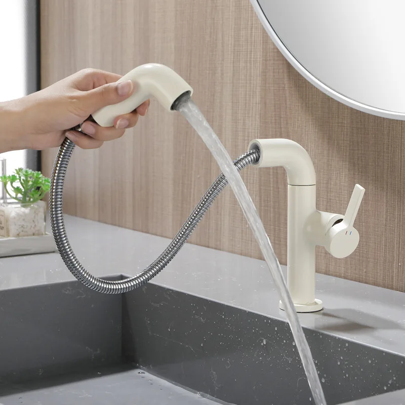 

Milky White Household Splash-Proof Faucet Bathroom Wash Basin Hot And Cold Faucet Rotatable Pull Out Faucet
