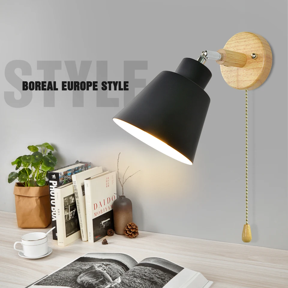 

Современные Настенные светильники с переключателем на молнии, настенное бра в скандинавском стиле для спальни, 3 цвета, рулевая головка E27 85-285 в