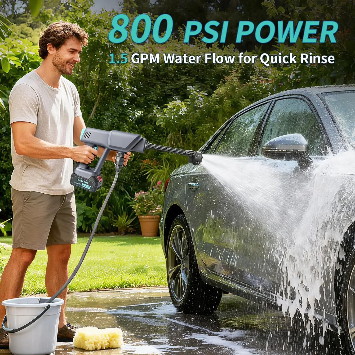 Battery Powered Pressure Washer, 800PSI, 6-in-1 Nozzle, 16FT Hose, 21V Battery & Charger, Portable Handheld Cleaner for Home, Ca