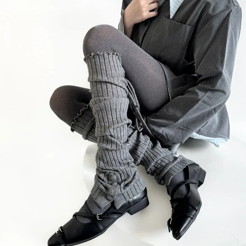 

2025 New Women Leg Warmers Autumn Winter Knitted Foot Cover Lolita Ruffle Socks Thigh High Stockings Straps JK Girl Leg Warmers
