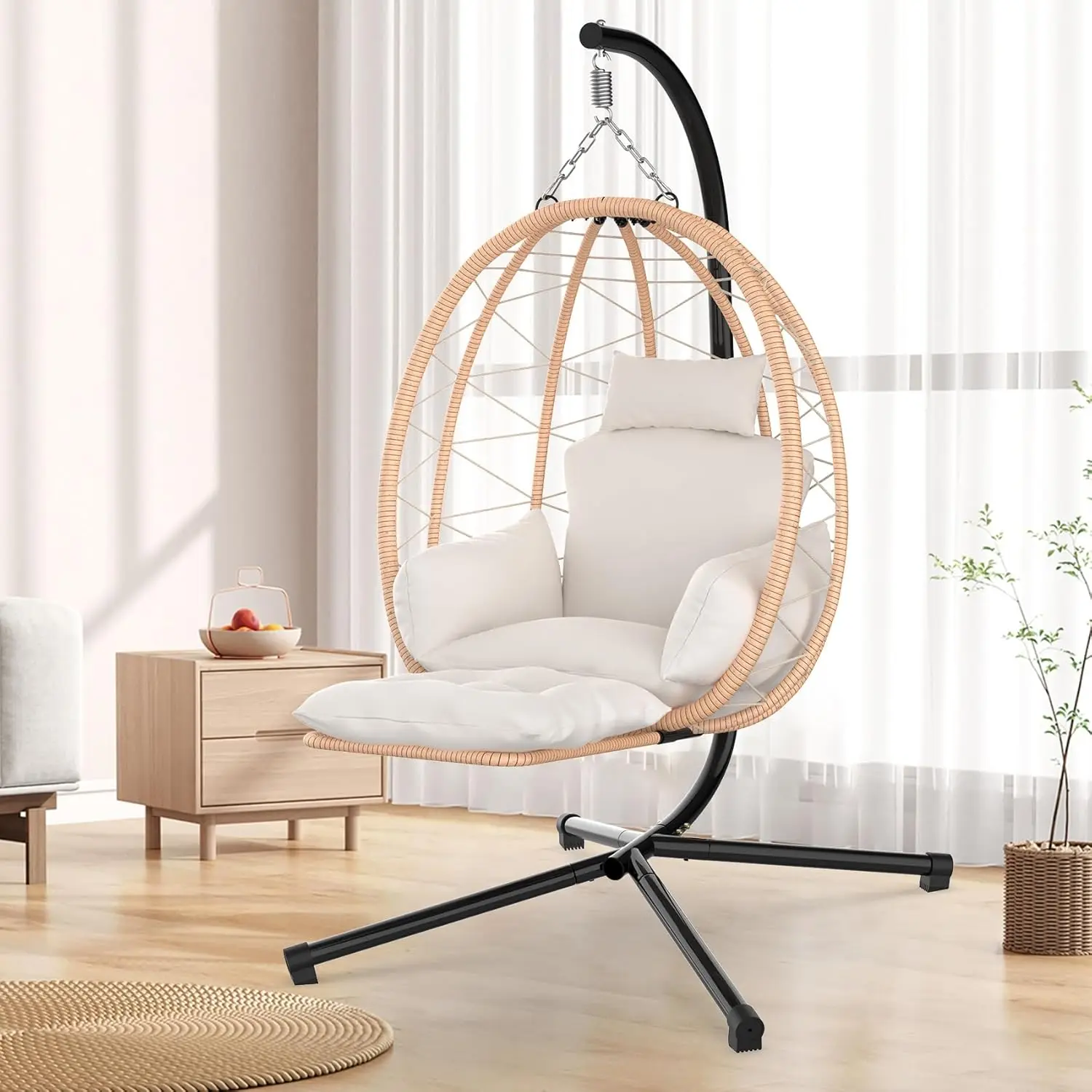 Slendor Hanging Egg Chair With Stand & Leg Rest, Rattan Wicker Swing Chair With Uv Resistant Cushion And Pillow, For Indoor