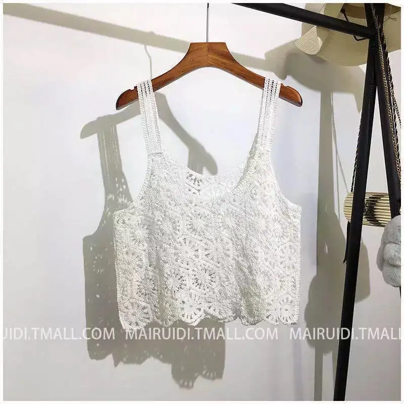 Top Corto Vintage da Donna all'Uncinetto, Stile Boho, con Motivo Floreale Traforato, Canotta Estiva da Spiaggia Senza Maniche