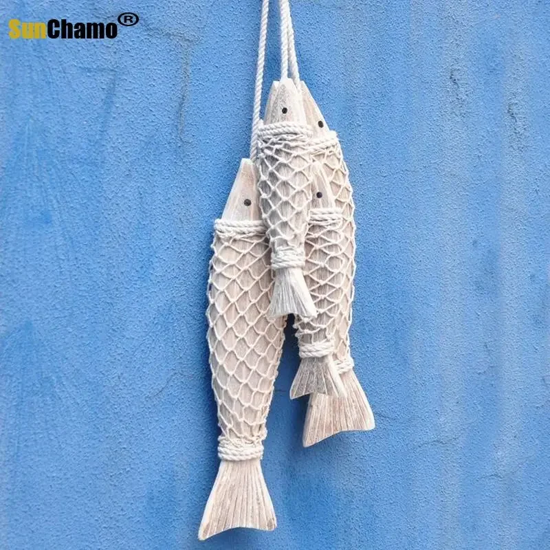 Mediterranean Style Hand Carved Wooden Wood Fish Ornaments Wall Sculptures for Home Hanging Decor Decor  2pcs/set Decoration