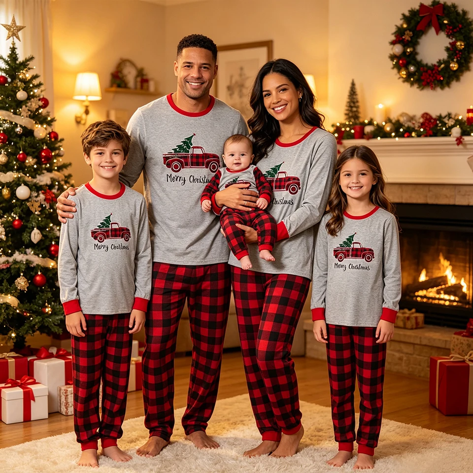 Soft Cotton Classic Plaid Family Matching Christmas Pajamas Winter Holiday Sleepwear Couple Parents and Children Xmas Loungewear