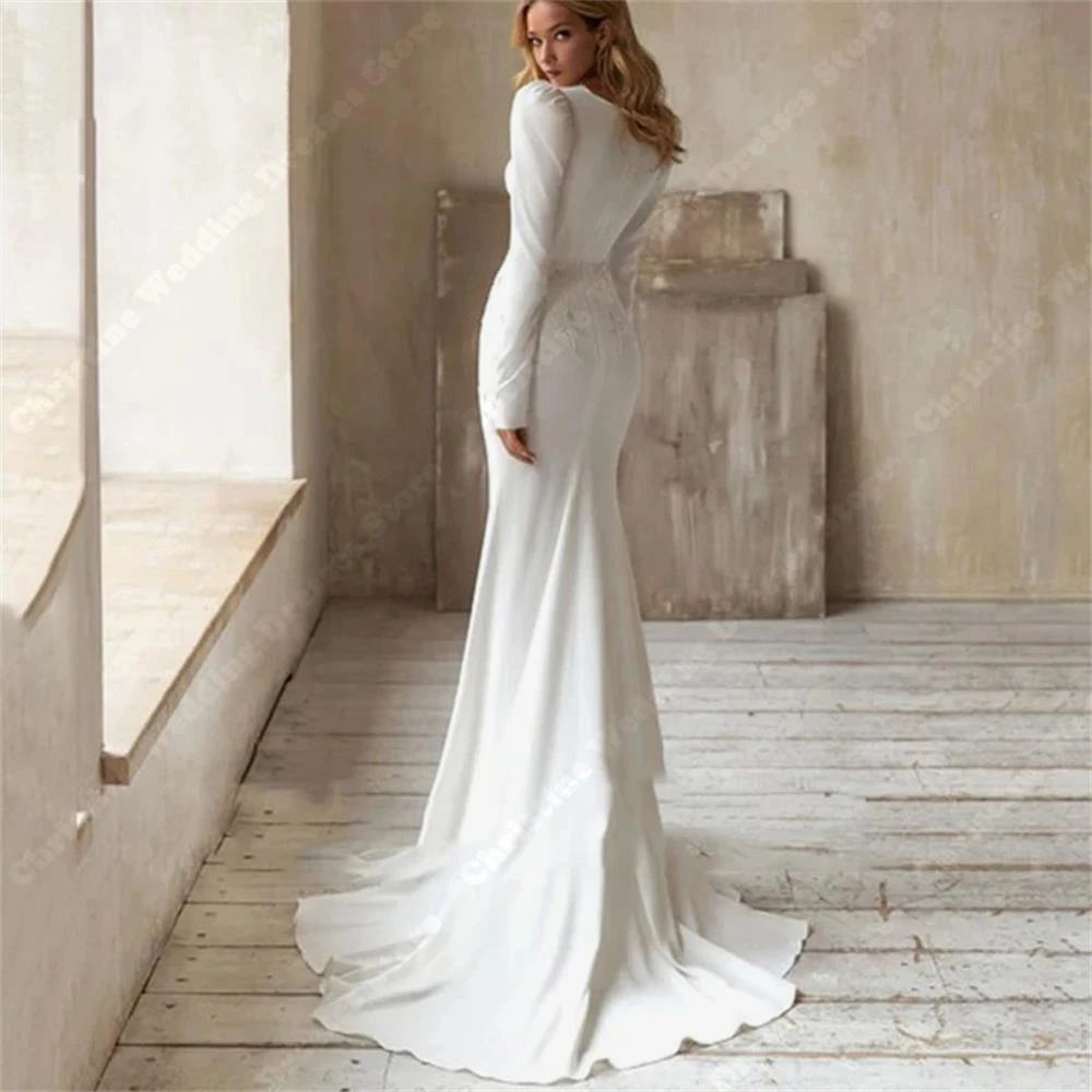 Mermaid Fluffy Long Sleeves Women Wedding Dresses Minimalist Princess Bridal Gowns Mopping Length Wrap Buttocks Vestido De Novia