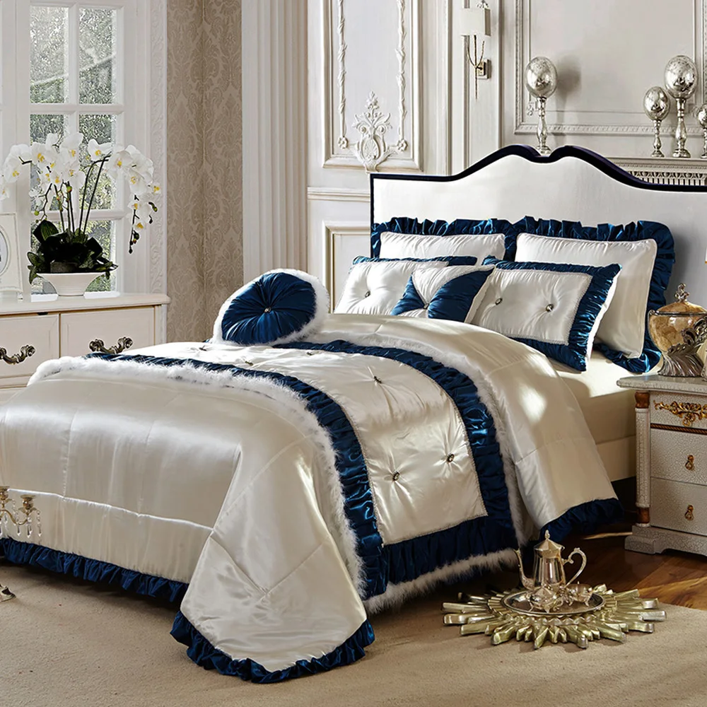 High-end Bedroom Bedding Kit Luxury Quilt Cover Dark Blue Dark Blue Lace Bed Sheet Pillow Imitation Silk Duvet Cover Eight-Piece