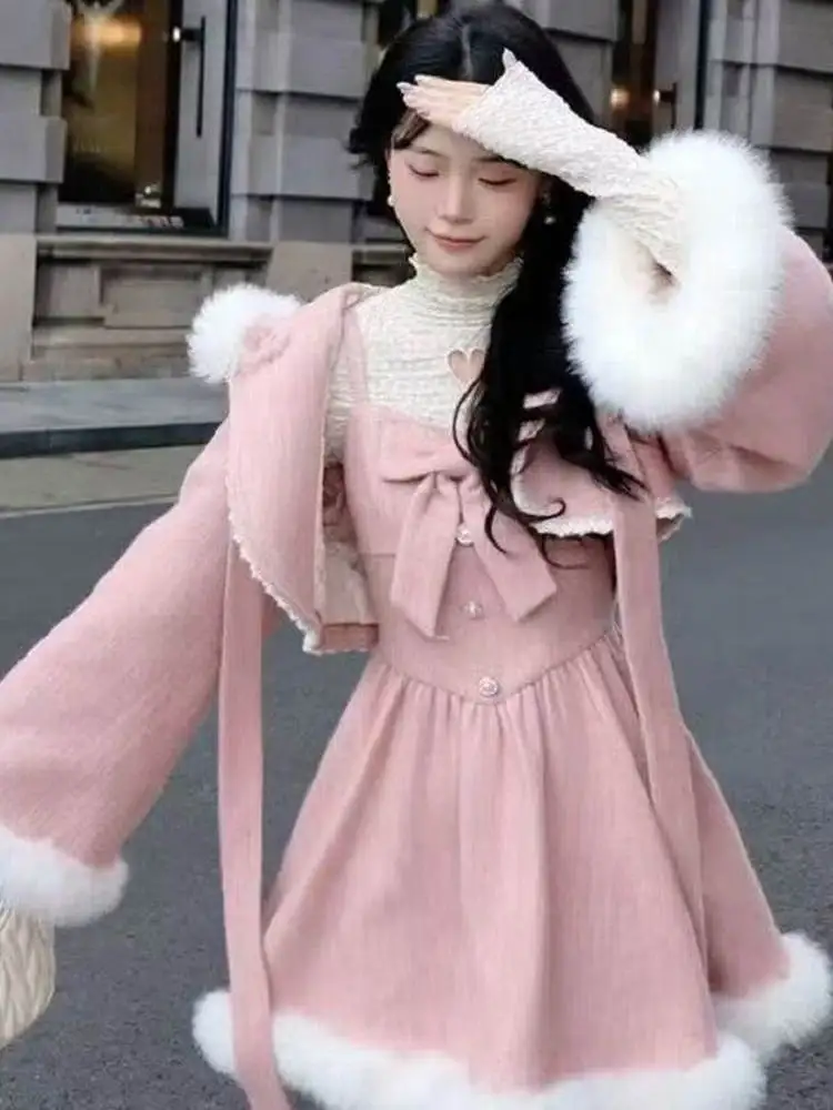 Sweet Princ Sle Mantello con cappuccio Cappotto invernale da donna Soffice gonna morbida gonfia con cinturino Dr Set Colletto lungo Sve