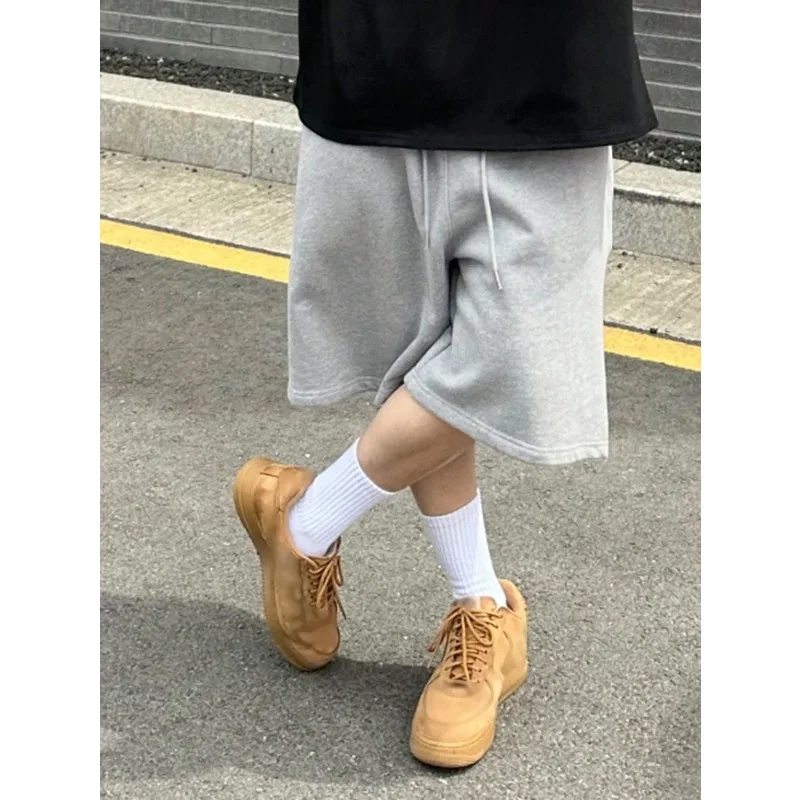 شورت رجالي كاجوال فضفاض باللون الرمادي للفصول الأربعة من القطن الخالص برباط عالي الجودة شورت رياضي غير رسمي شورت رجالي