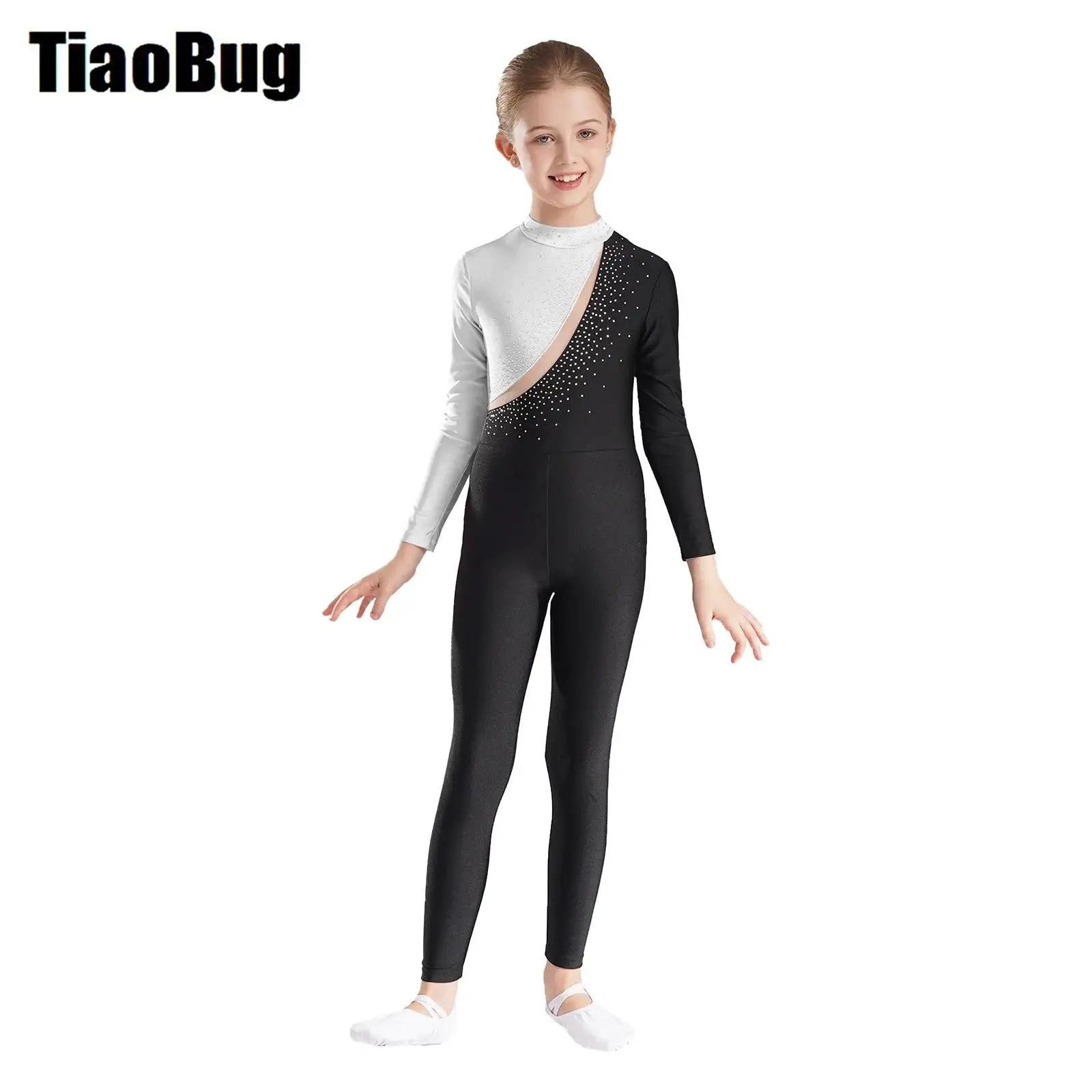 Kids Ballet Leotard Girls Rhinestone Color Block Long Sleeve Jumpsuit Figure Skating Stage Performance Gymnastics Bodysuit