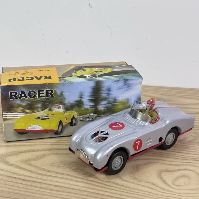 [ตลก] คอลเลกชันสําหรับผู้ใหญ่ Retro Wind up ของเล่นโลหะดีบุก Racer บนรถแข่ง Mechanical Clockwork ตัวเลขของเล่นเด็กของขวัญเด็ก