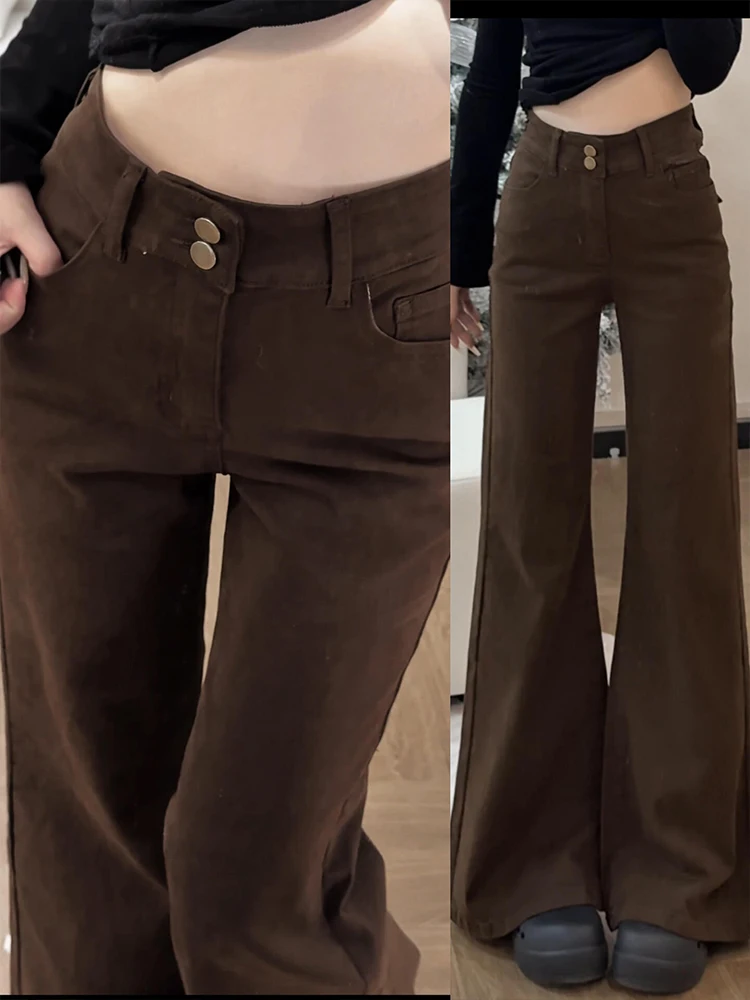 

American Retro Coffee Color Bell Bot Jeans Women's High Waist Slimming Small Size Straight Leg Wide Leg Pants