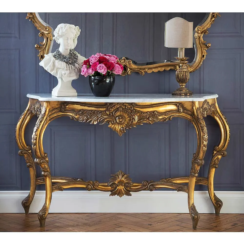 /e  Antique Console Table Solid wood carving Vintage Gold Marble Top Palace Entry Villa Hotel Farmhouse Home Furniture