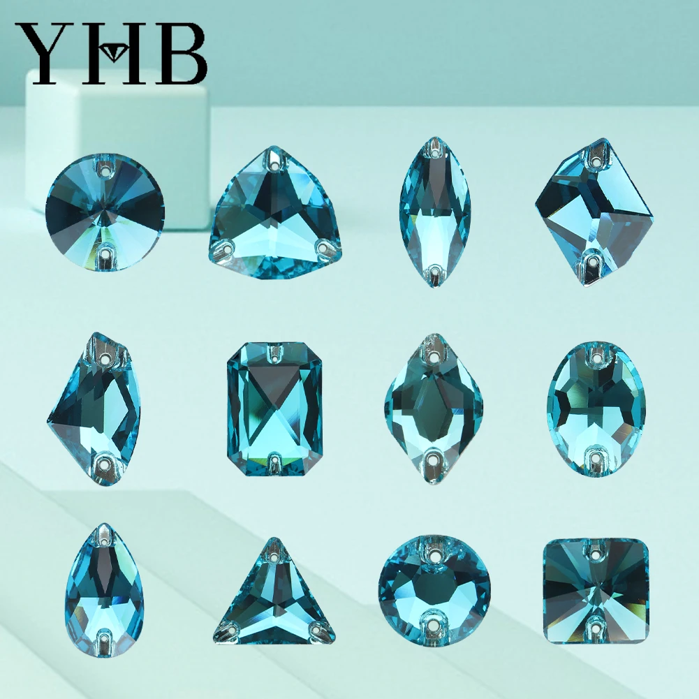 YHB T202 Aquamarin Rolivi Comsic Drop Glas Kristall AB Nähsteine Flache Rückseite Aufnähbare Strasssteine für Kleidung, Taschen