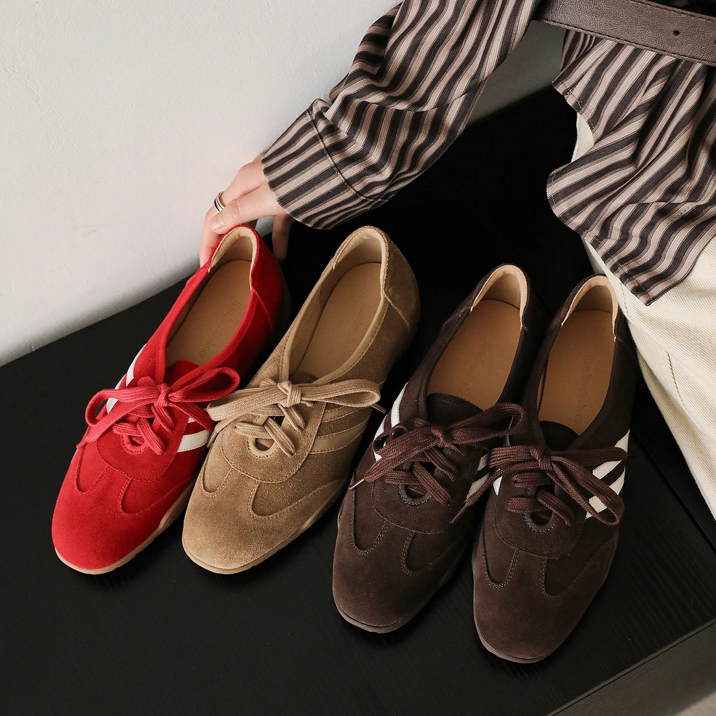 2026 new spring autumn women pumps natural leather 22-25cm cow suede+sheepskin+pigskin round toe lace-up loafers women shoes