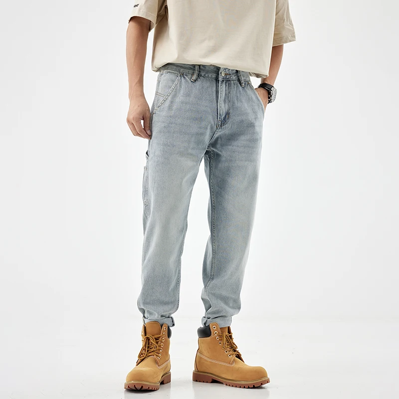 2024 new denim pants for men light blue straight leg loose fit  American elastic casual high-quality washed oversized pants