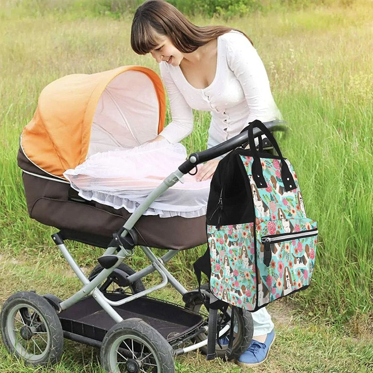 Mochila com estampa de cachorro engraçado, bolsa de fraldas multifuncional para maternidade, bolsa infantil com bolso para laptop, alças para carrinho