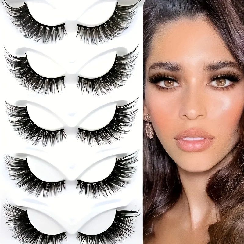 5 pairs of black stem long tube cat eye eyelashes, natural appearance, soft curl up, peak expansion, comic style, dramatic eyela