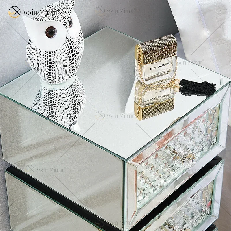 Light luxury modern mirror glass bedside tables, bedroom furniture, crystal finish bedside cabinets