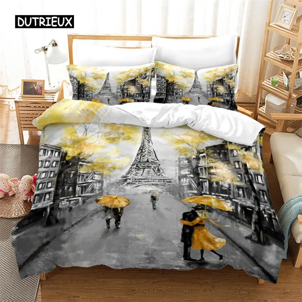 

Duvet Cover Eiffel Tower Romantic Couple Flower King Comforter Cover Microfiber France Paris Cityscape Bedding Set For Teen