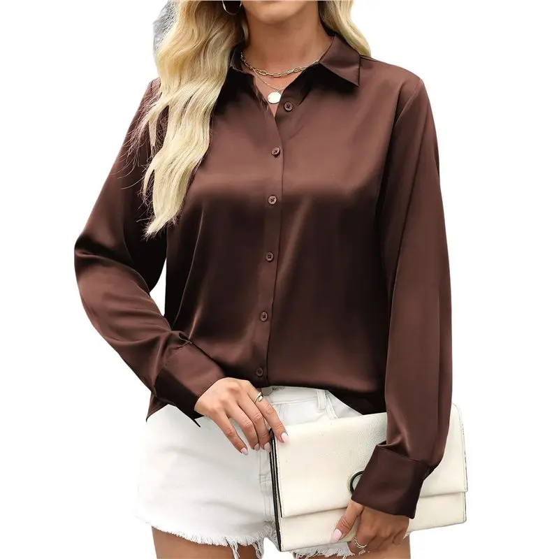

CYL-Satin Blouses For Women Silk Button Down Shirts Top Long Sleeve Business Casual Tops