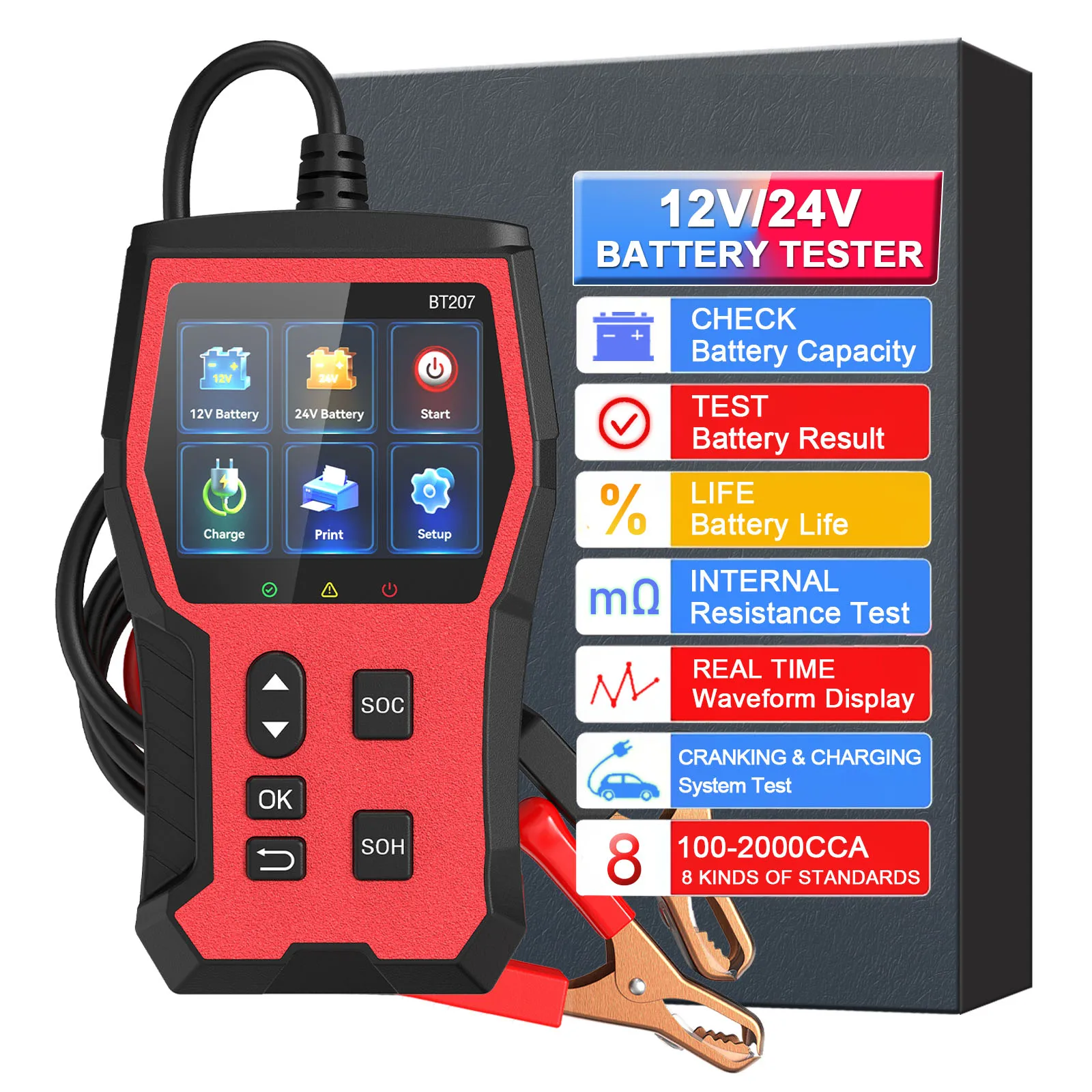 Car Battery Tester 6V/12V/24V, 2–120Ah, 100–3000 CCA, Alternator & Starter/Charging System Analyzer, Automotive Load Test,