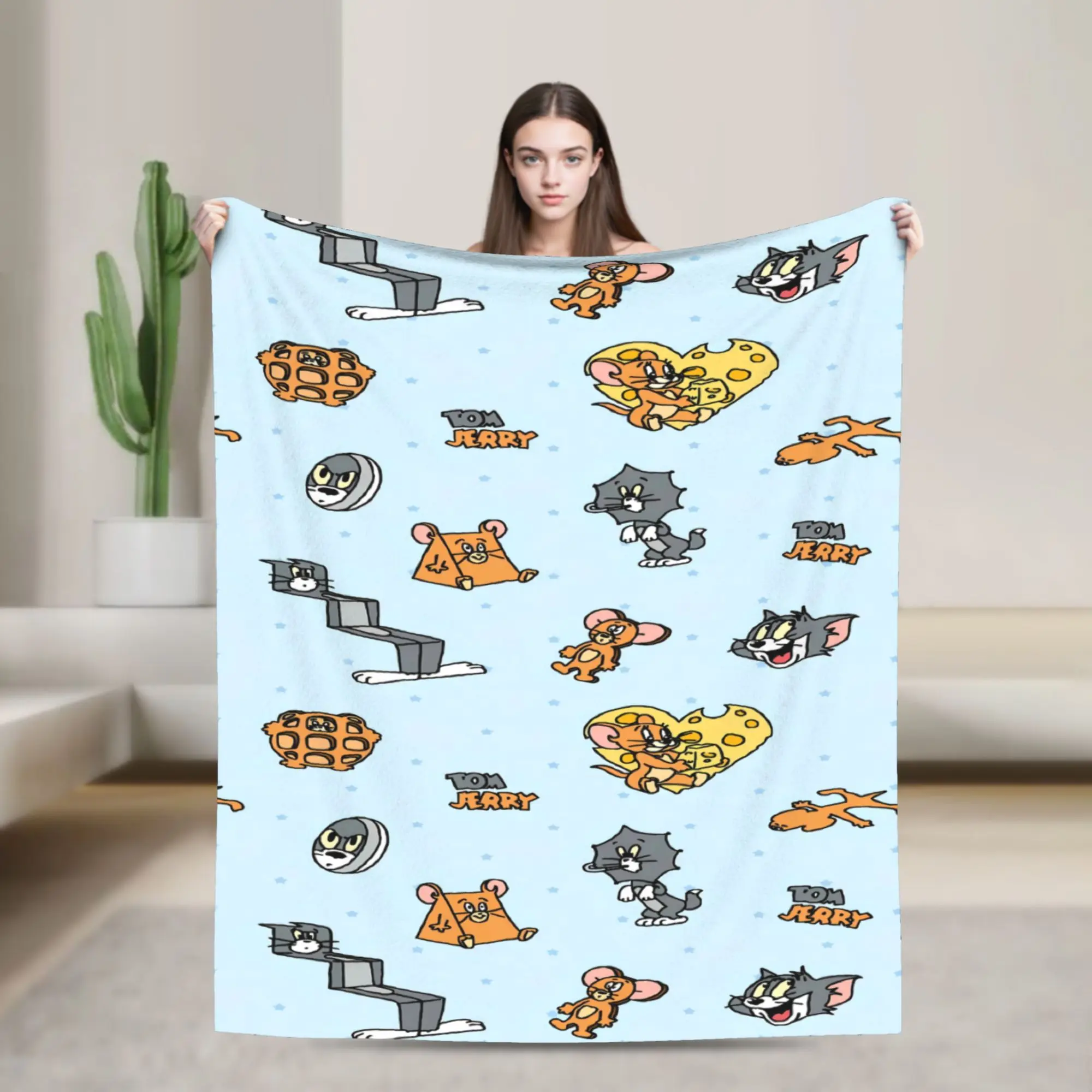 Tom Jerry Light Blue Cute Plush Blankets Boy Girl  Flannel Throw Blanket For Outdoor Soft Warm Quality Bedspread Gift Idea