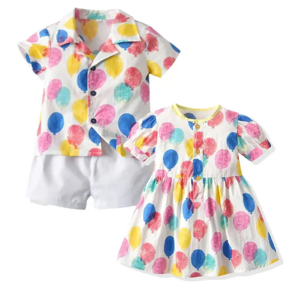 

Girls' Korean Style Spring Flowers Sweet Princess Dress Boy's Shirt and Shorts Set Brother and Sister Family Matching Outfits