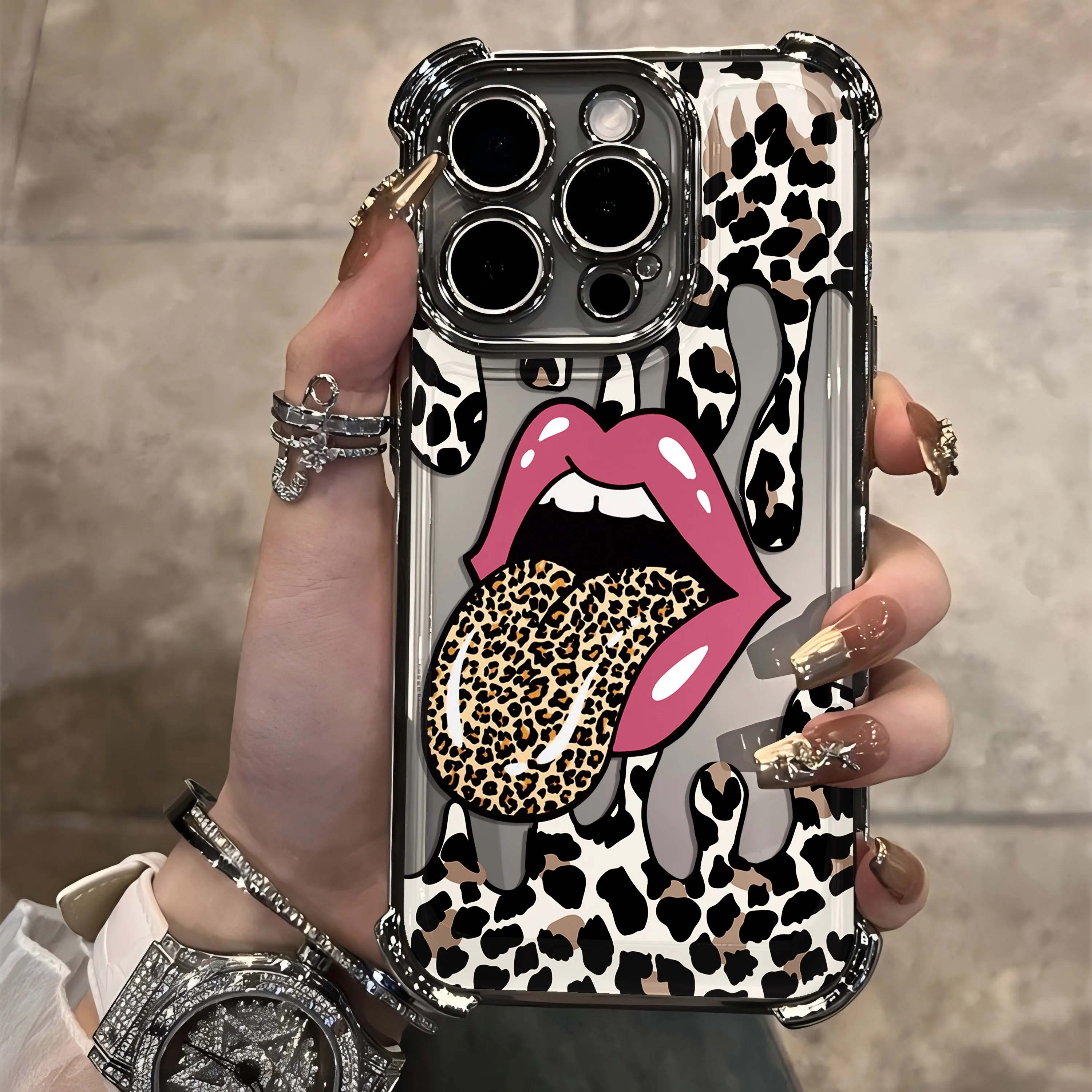 Luxury Large Tongue Leopard Print Plating Case For Vivo Y77 Y38 Y36 Y50 Y28 Y27 Y17 Y16 V27 V25 V23 S15 5G Cartoon Y2k Anti-Fall