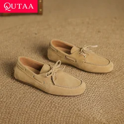 QUTAA 2025 Fashion Ballet Leather Women Flats Shoes Heels Round Toe Casual Lace-up Pumps Summer Shoes Spring Woman 36-43