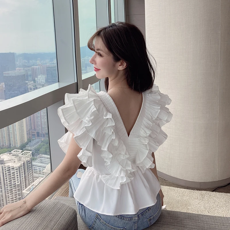 Pleated New Blusas V-neck Layered Ruffled Flying Sleeve Slim Waist Shirts Women\'s Spring Summer French Style Blouses