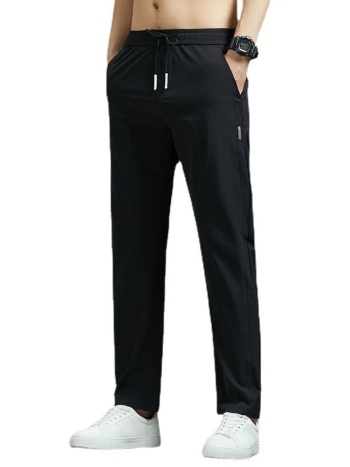 กางเกงลำลองผ้าไหมน้ำแข็งสำหรับผู้ชายฤดูร้อนบางสวมใส่ทนสปอร์กันฝุ่นหลวมกางเกงขายาวบลาเอวต่ำแนวโน้มเยาวชน