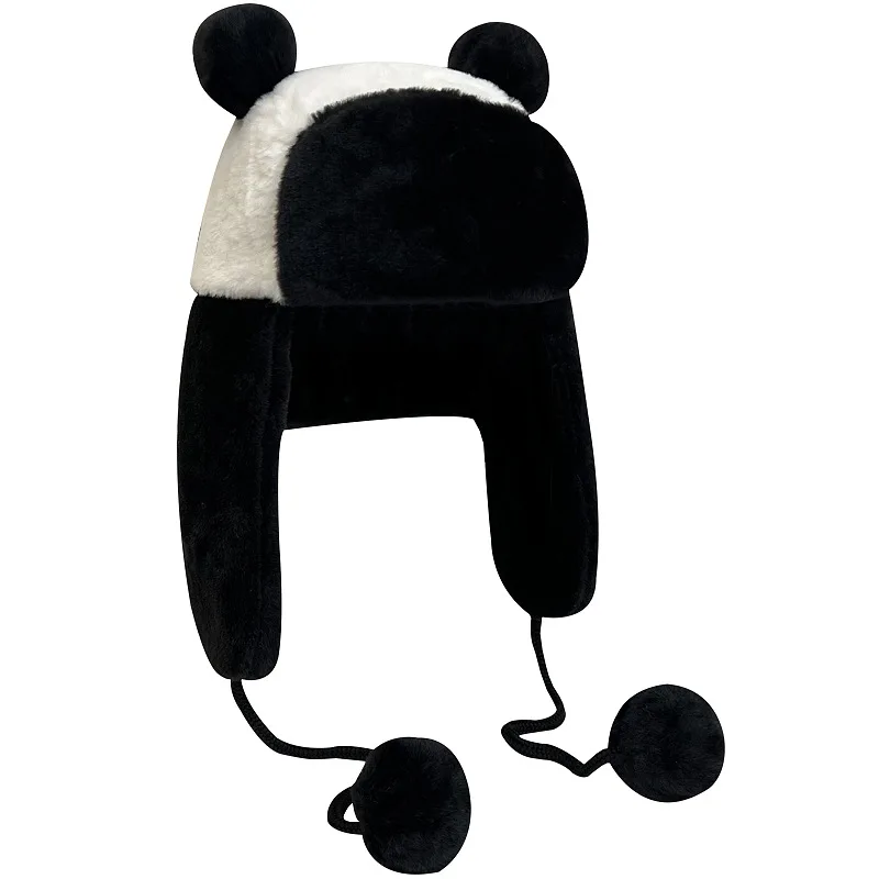 Warm Winter Cute Panda Bear Hat Trapper Caps Black White Hats Soft Plush Animal Helmet Cap Christmas New Year Gift Hat for Adult