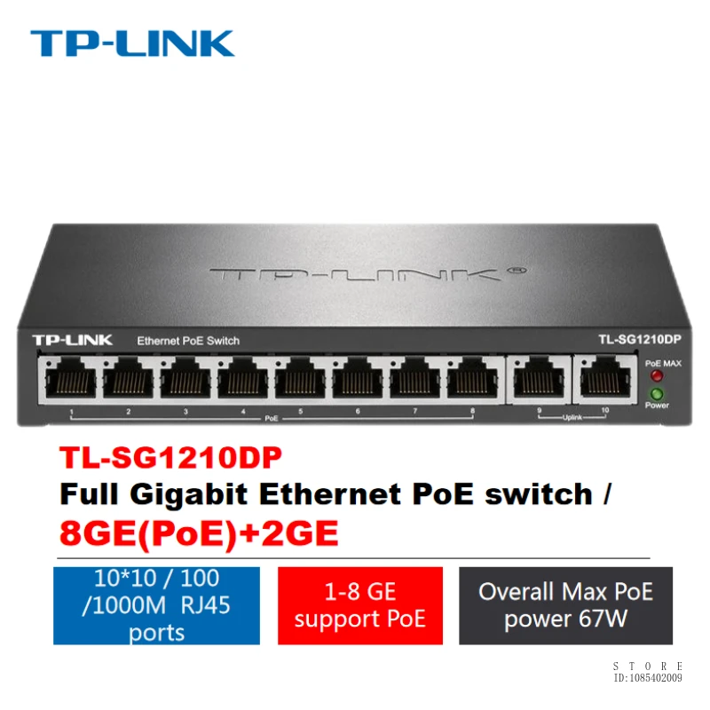 

TP-LINK 8-port Gigabit Poe+2 Gigabit Uplink 10-port Switch PoE Power Supply Network Splitter, Total PoE Power 67W, TL-SG1210DP