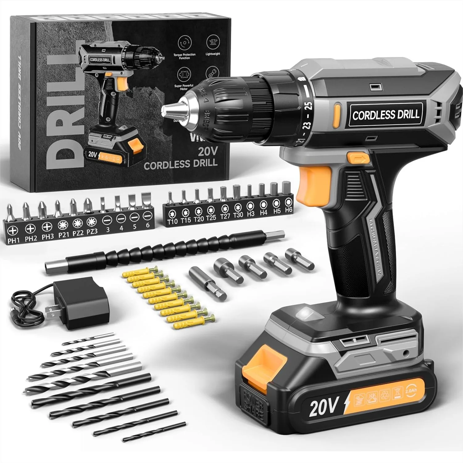

Cordless Drill, 20V MAX Power Drill Set with 2.0Ah Battery & Charger, 3/8" Keyless Chuck, Variable Speed, 25+1 Torque Settings