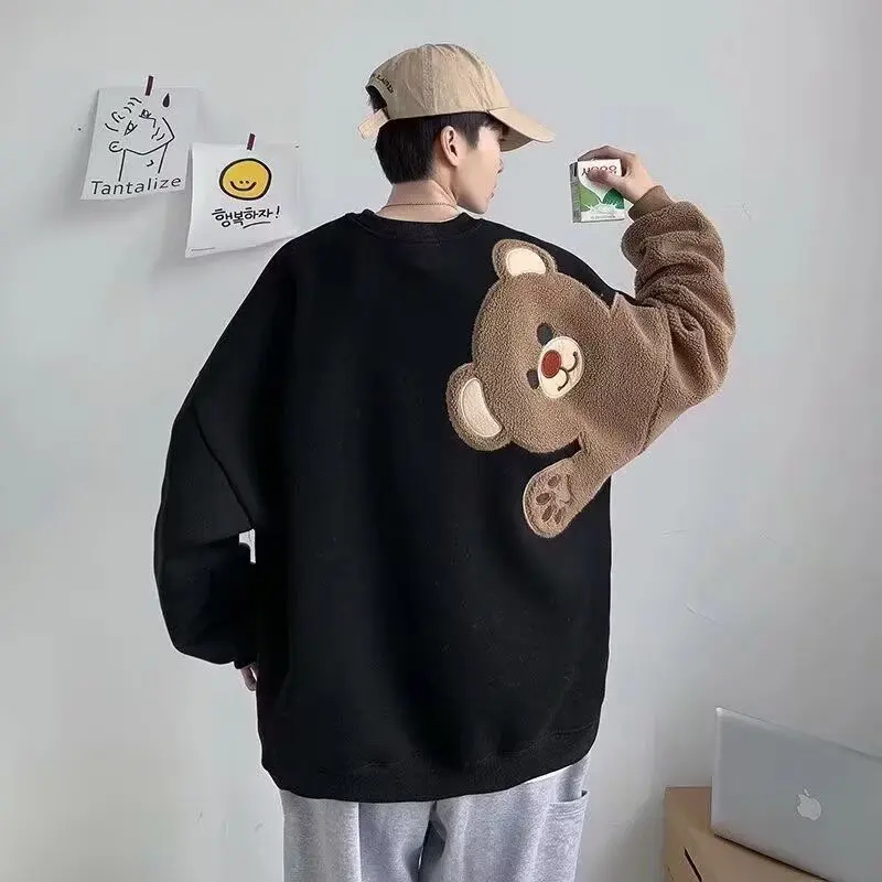 

Autumn Winter Thiened Large Size Men's Sweatirt with Embroidered Bear Design Loose Fit round Ne Pullover Outerwear