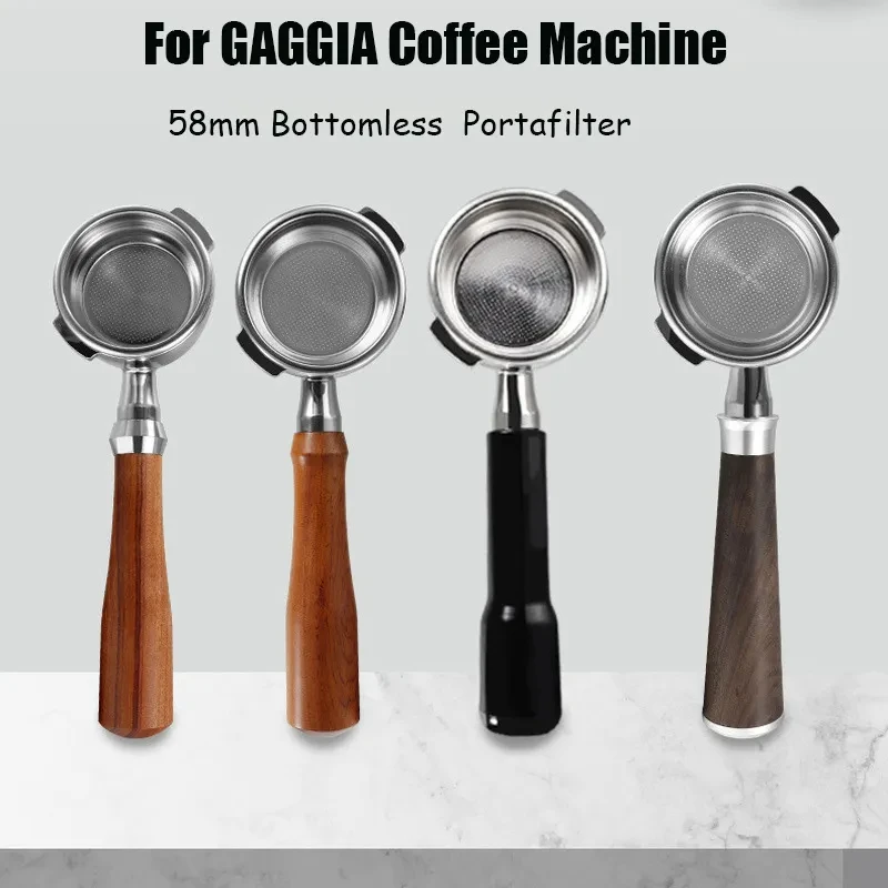 GAGGIA 58mm Stainless Steel Basket Wood Handle Espresso Bottomless Portafilter with 2 Ear for Gaggia Espresso Machine