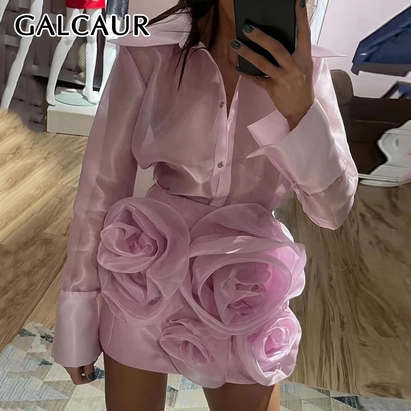 GALCAUR Tie Flower Skirt Suits For Women Lapel Long Sleeve Blouses High Waist Patchwork Diamond Mini Skirts Female Outfit Autumn