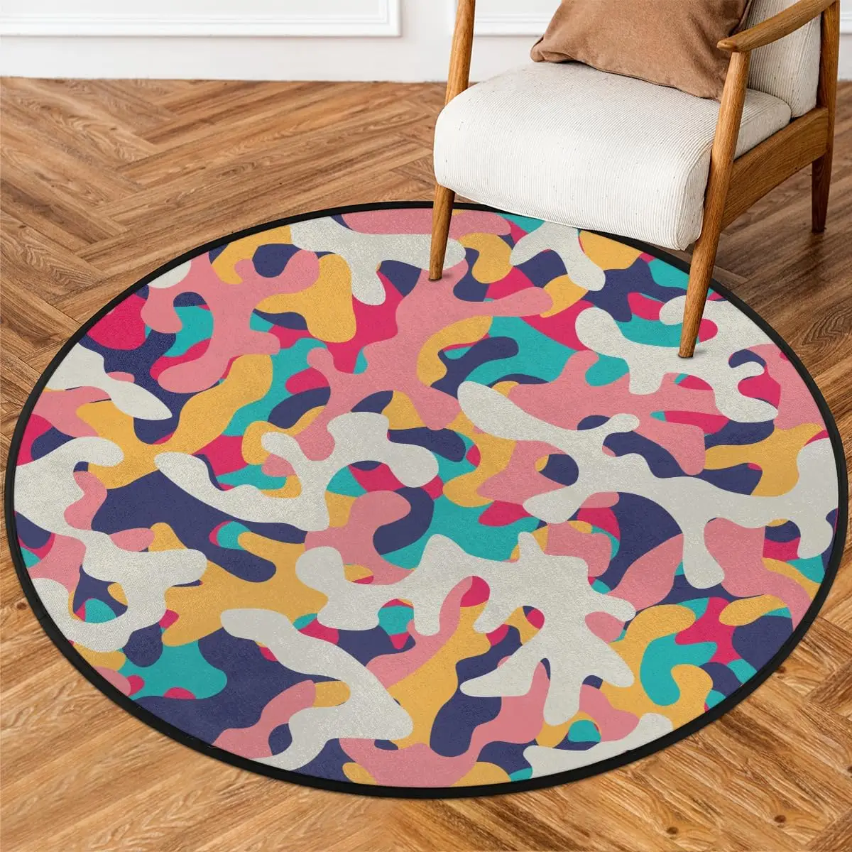 

Colorful Camouflage Pattern Round Rug,Washable Soft Circular Floor Mat,Non Slip Low Pile Area Rugs Kids Room Bedroom Bathroom