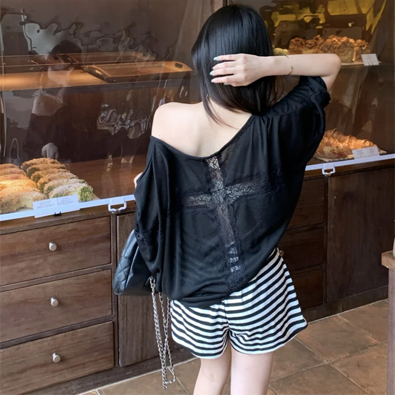 Oversized T-shirt For Women Casual Loose Top Fashion Bat Sleeves Sexy Lace Backless Baggy T Shirts Thin Clothing