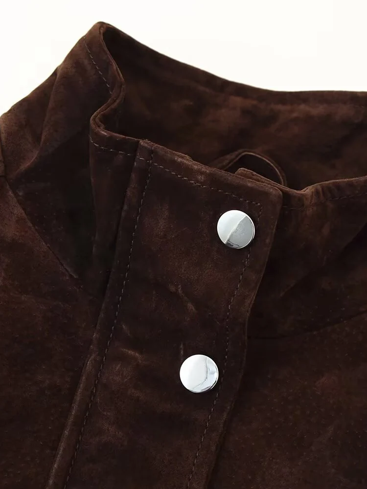 سترة نسائية جديدة على الطراز الأوروبي عصرية ومتعددة الاستخدامات من جلد الغزال بلون سادة مع تفاصيل الجيب. #3