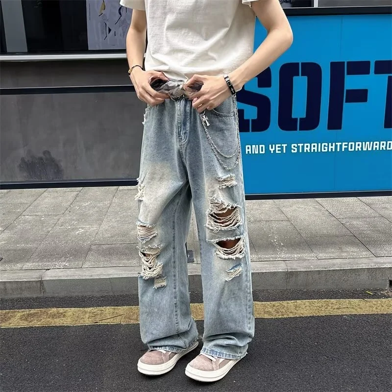 

Summer Thin Hole Denim Jeans Men's Trendy High Street Design Loose Casual Straight Leg Wide Leg Long Pants Cool Haome