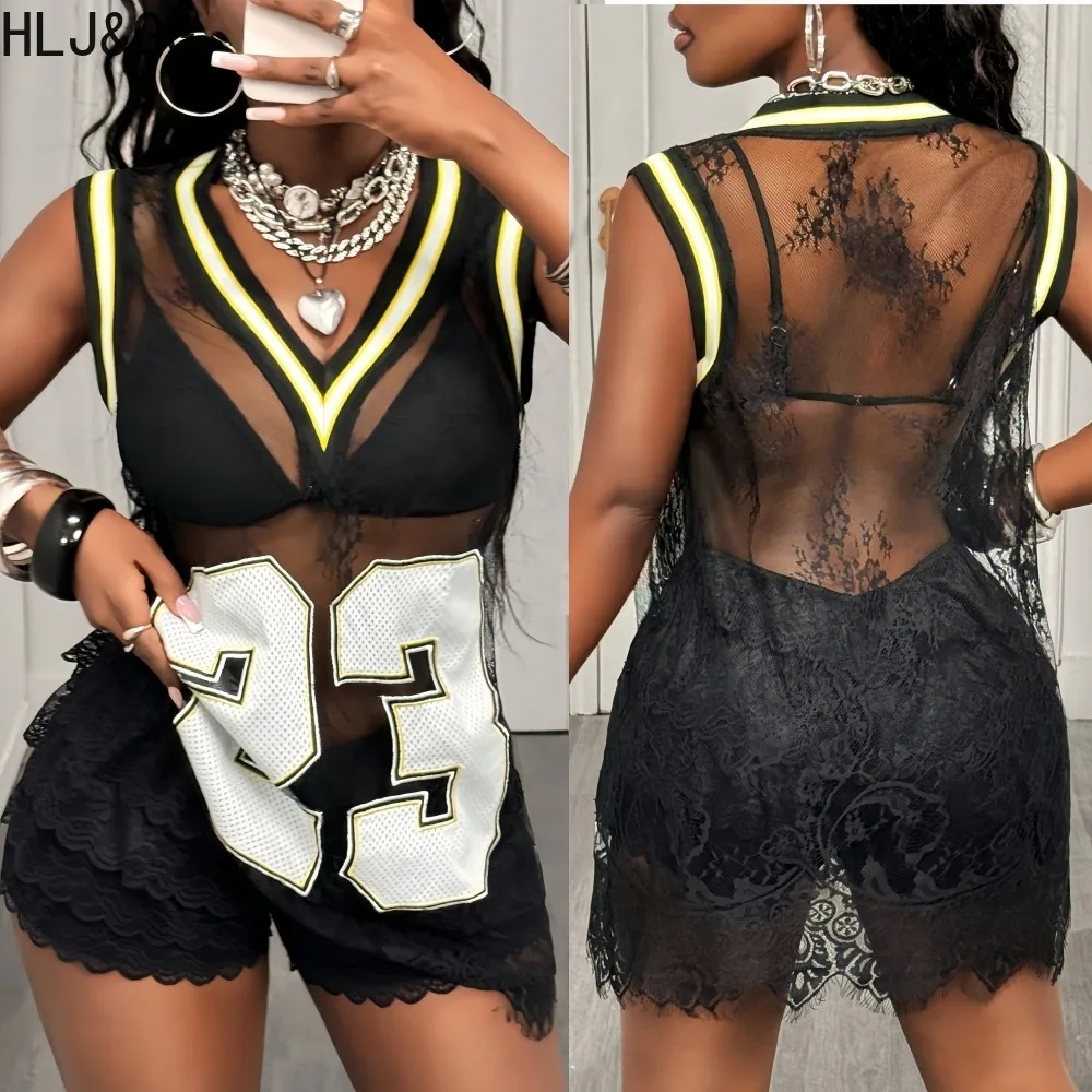 

HLJ&GG Sexy Lace Patchwork Bodycon Dresses for Women Letter Printting Sleeveless See Through Dress Female Streetwear Vestidos