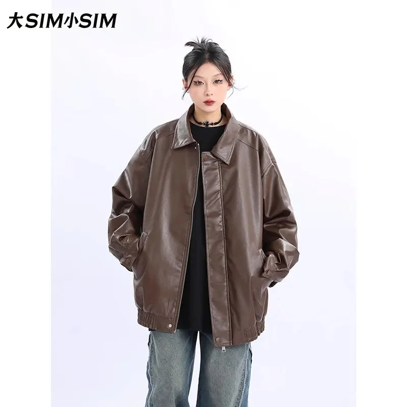 Retro American Solid Color Loose Brown Square Collar Zipper Leather Jacket Women's New Autumn Pu Leather Ladies Plus Cotton Coat