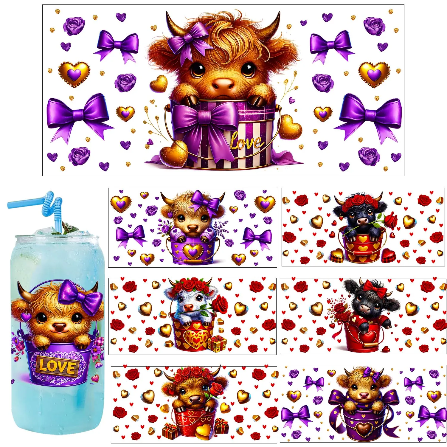 XOXO عيد الحب المرتفعات الماشية مقاوم للماء حفلة لتقوم بها بنفسك الشارات ثلاثية الأبعاد نقل uvdtf بهلوان ختم ملصقات 16 أوقية الأشعة فوق البنفسجية dtf كوب يلتف