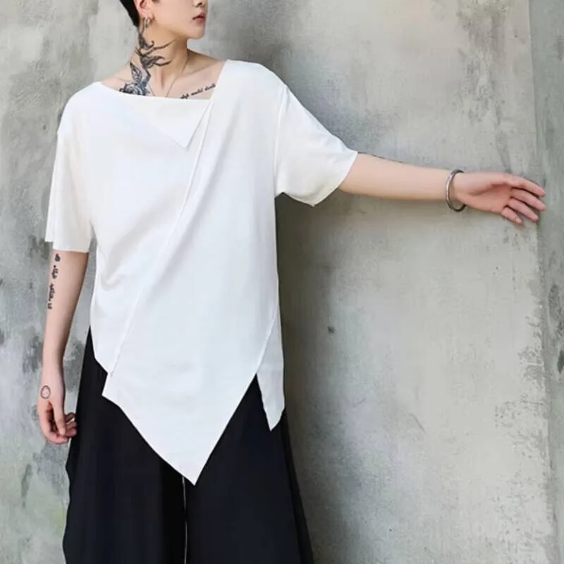 

Черная летняя футболка и мужская версия, корейская нерегулярная белая индивидуальная лоскутная футболка для парикмахера с коротким рукавом