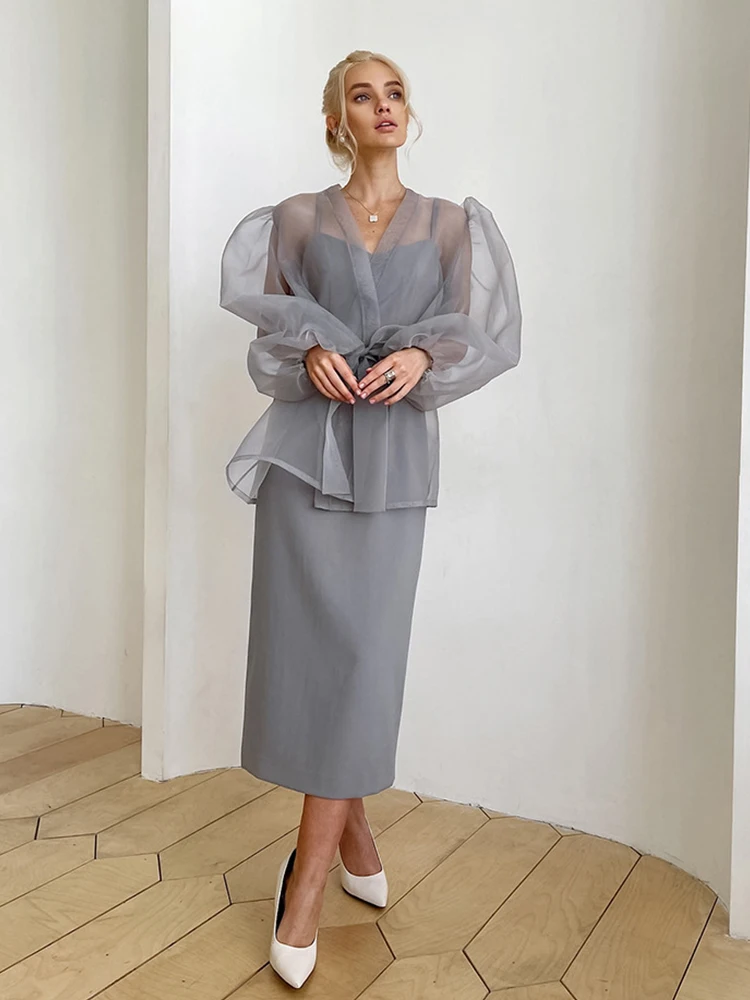 2023 Spring Summer Women Elegant Long Sleeve Solid Grey Mesh Shirt Ladies Sheer Chiffon Blouse For Woman Female