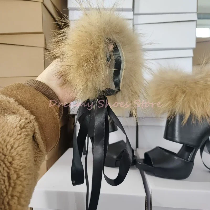 

Furry Cross Strap Open Toe Thin Heel Sandals Women Leather Back Zipper High Heels Sexy Fashion Party Prom Shoes Designer Style
